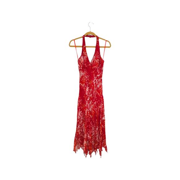 Vintage Y2K Silk Velvet Burnout Halter Dress Red Handkerchief Hem Red Bimbo Pink - Picture 3 of 8